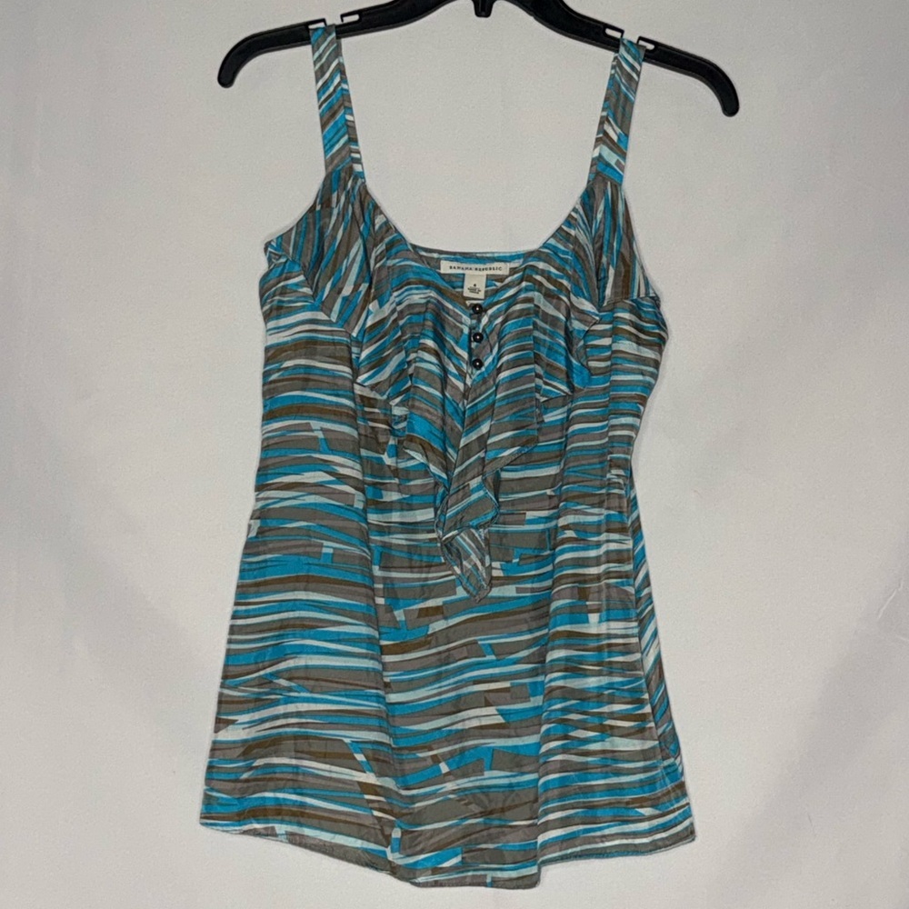 Banana Republic Silk Ruffle Front Tank Top Size 4 Blue Brown White Stripe EUC